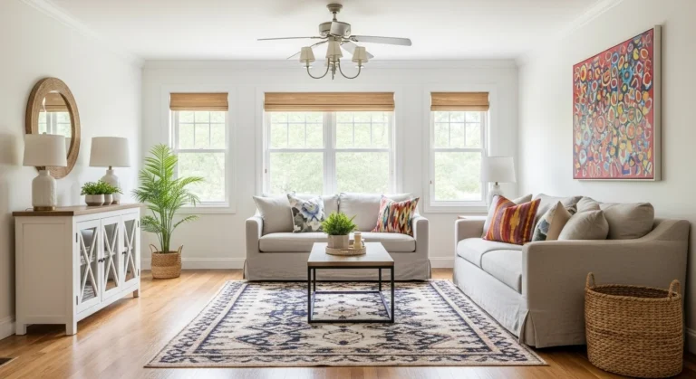 Stylish farmhouse living room blending rustic charm and comfort