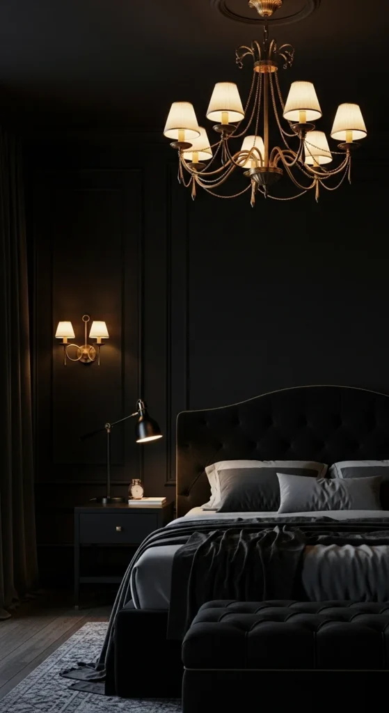 7 Black Bedroom Ideas For a Stunning Space Stylish lighting fixtures brightening a black bedroom