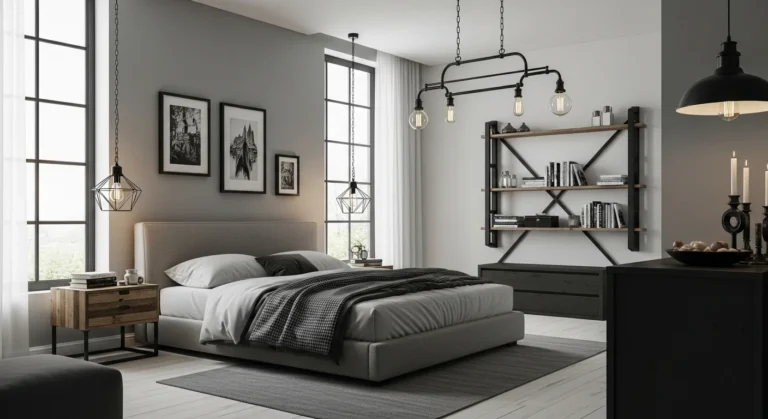 Stylish masculine bedroom with mixed design elements