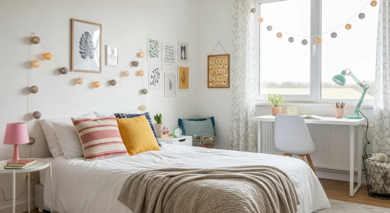 Stylish teen bedroom with colorful decor and cozy lighting