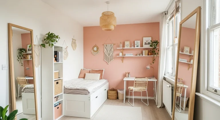 Stylish tiny bedroom with smart storage and soft pastel tones