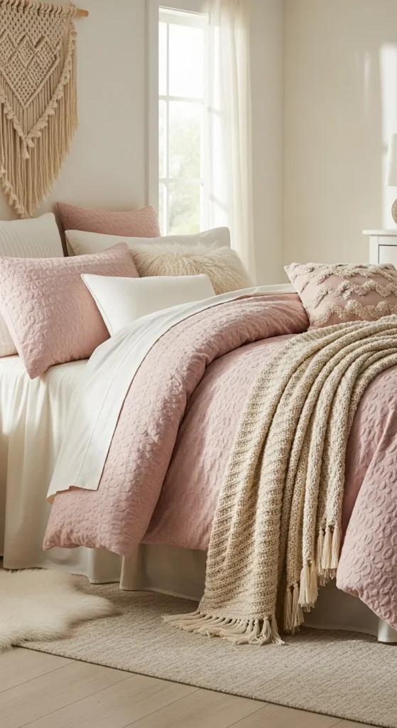 7 Girls Bedroom Ideas in Pink That Keep It Subtle Subtle pink bedding in a neutral girls’ bedroom
