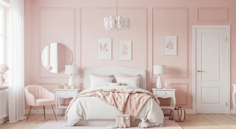 Subtle pink girls’ bedroom with elegant, cozy decor