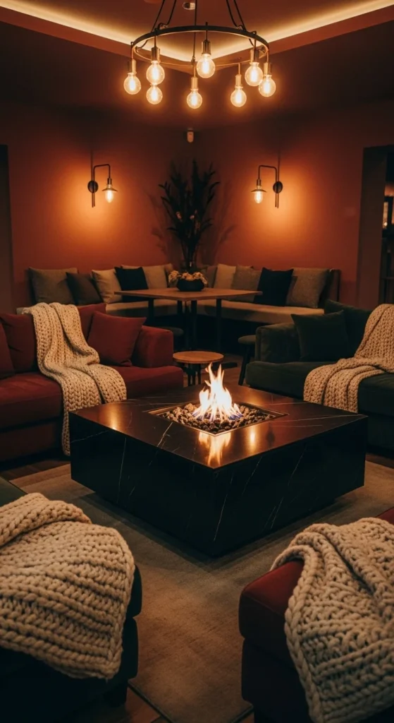 7 Gorgeous Sunken Living Room Design Ideas to Choose From Sunken living room with a central fire feature and cozy seating