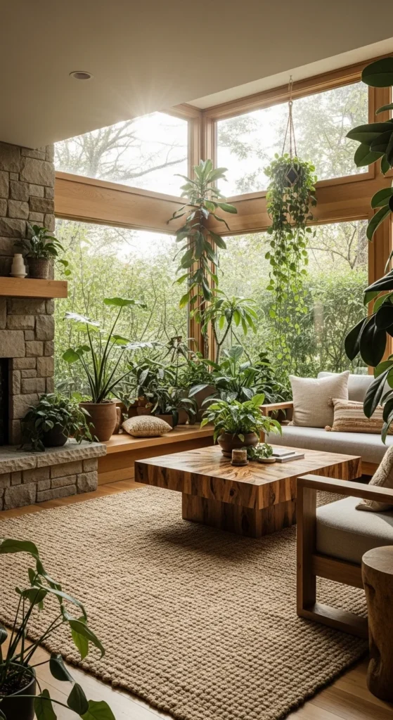 7 Gorgeous Sunken Living Room Design Ideas to Choose From Sunken living room with indoor plants and natural textures