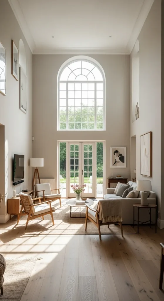 9 High Ceiling Living Room Lighting Ideas Sunlight streaming into a high-ceiling living room through large windows