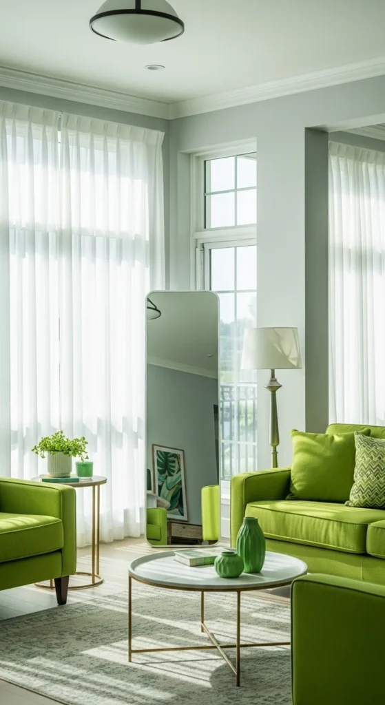 7 Best Green Living Room Ideas to Brighten Your Home Sunlit green living room with mirror and sheer curtains