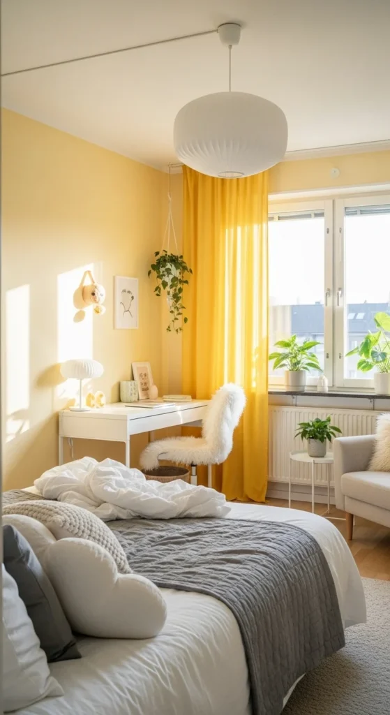 7 Bedroom Paint Color Trends to Try Sunny bedroom with pastel yellow walls and soft decor