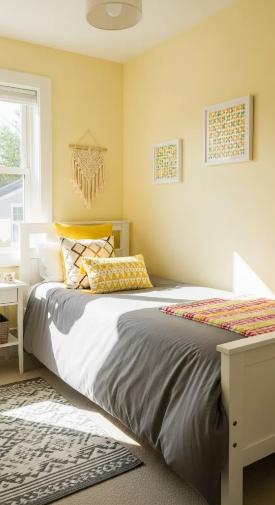 6 Awesome Bedroom Wall Colors for Tiny Rooms Sunny small bedroom with soft yellow walls and cheerful touches