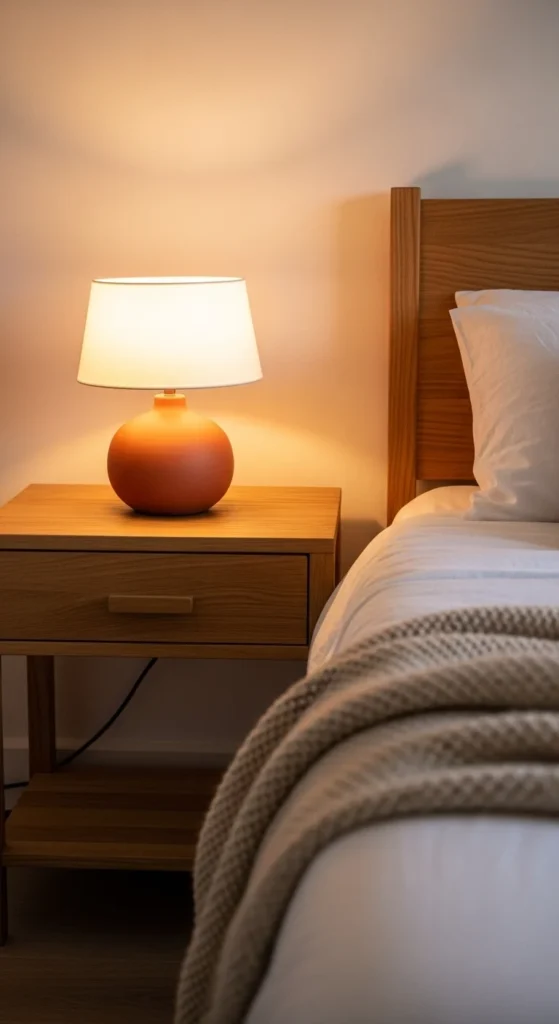 7 Cozy Terra Cotta Bedroom Ideas for a Warm Vibe Table lamp with terra cotta base adds cozy glow to bedroom