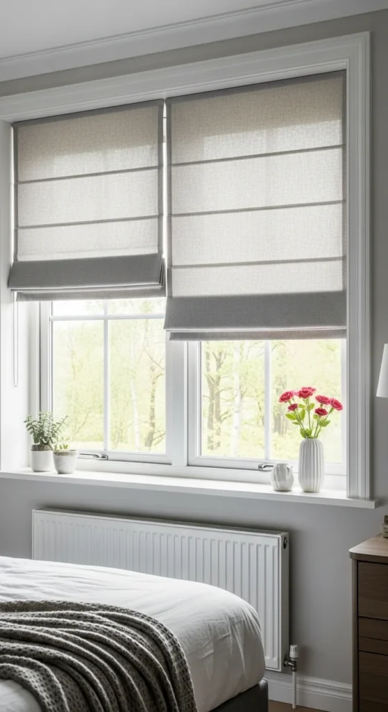 7 Chic Bedroom Curtain Ideas for a Peaceful Night’s Sleep Tailored Roman shades providing a clean, structured window look