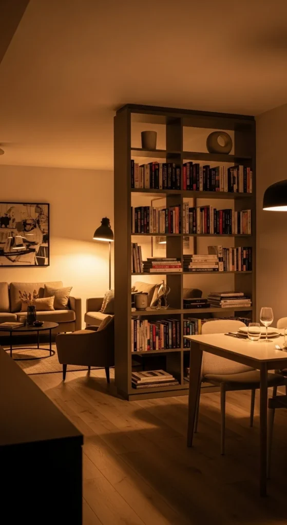 7 Stylish Living Room Divider Ideas You’ll Love Tall bookcase dividing living and dining areas with books and decor