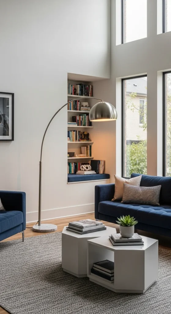 9 High Ceiling Living Room Lighting Ideas Tall floor lamp lighting a cozy reading area in a high-ceiling room