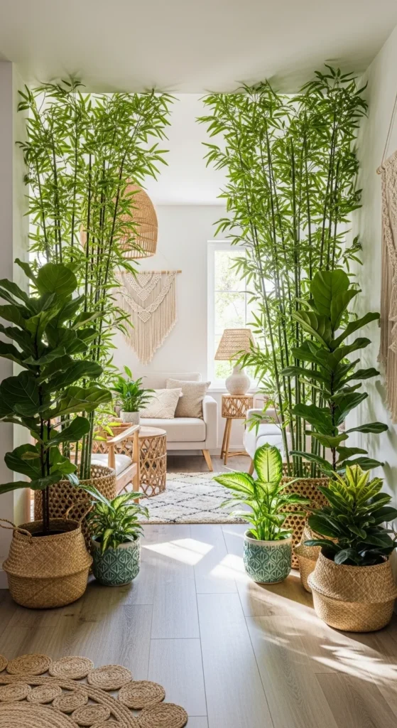 7 Stylish Living Room Divider Ideas You’ll Love Tall indoor plants create a natural divider in a boho living room