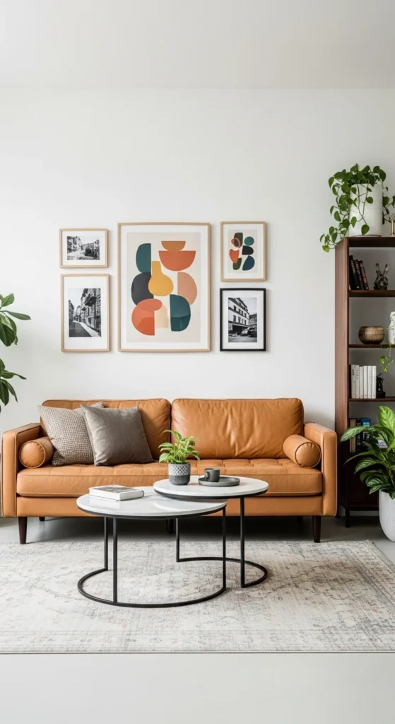 5 Stylish Leather Couch Living Room Ideas to Copy Now Tan leather sofa with wall art and stylish living room decor