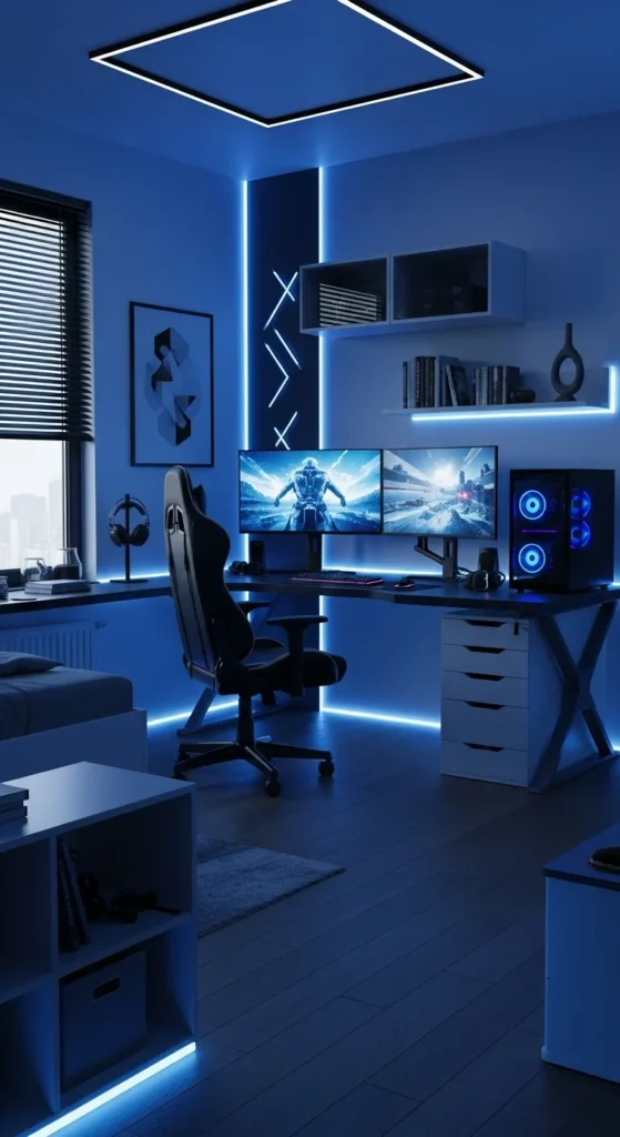 7 Awesome Teen Boy Bedroom Ideas Tech-themed teen bedroom with LED lighting and gaming setup