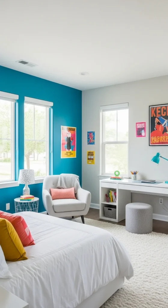 7 Affordable Teen Bedroom Decor Ideas Teen bedroom with a bold teal statement wall and cozy decor