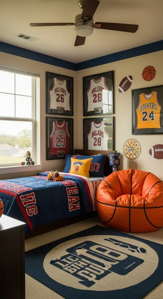 7 Awesome Teen Boy Bedroom Ideas Teen bedroom with sports decor and framed jerseys on the wall