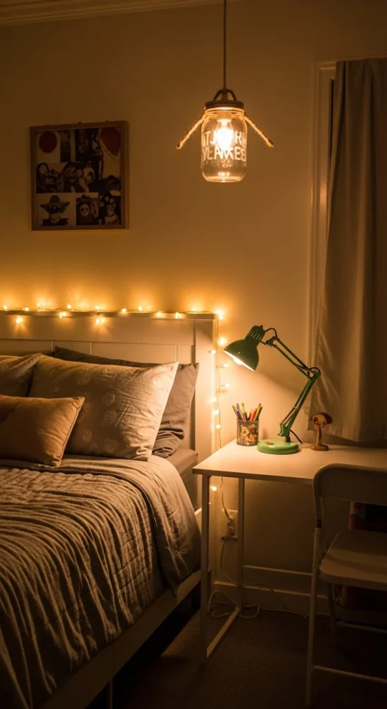 7 Affordable Teen Bedroom Decor Ideas Teen bedroom with string lights and a DIY desk lamp
