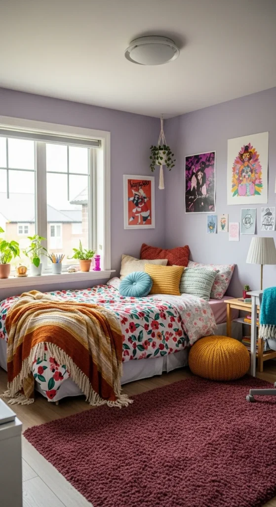 7 Affordable Teen Bedroom Decor Ideas Teen room with cozy bedding, rugs, and soft textiles