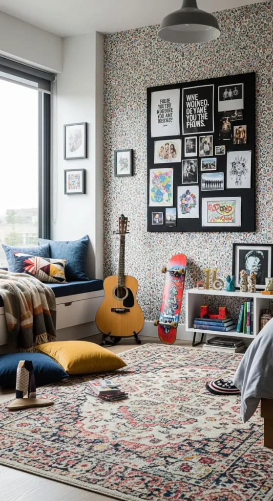 7 Affordable Teen Bedroom Decor Ideas Teen room with personal photos, hobbies, and a mood board