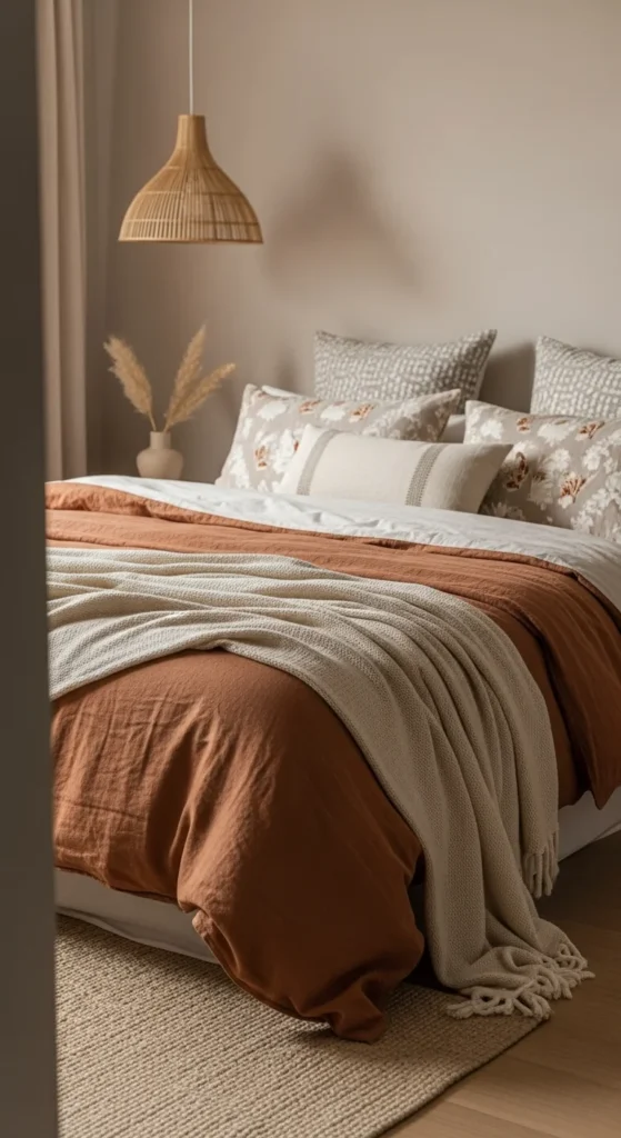 7 Cozy Terra Cotta Bedroom Ideas for a Warm Vibe Terra cotta bedding layered with cream and patterned pillows