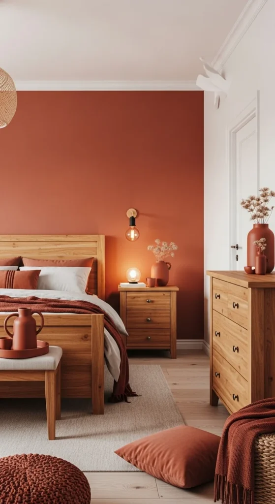 8 Best bedroom color combination ideas for a Dreamy Retreat Terracotta accent wall in bedroom with soft white decor elements