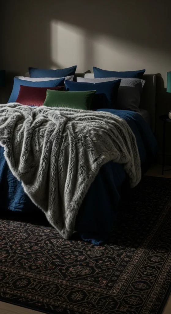 Textured bedroom with throw blankets, pillows, and a rug
