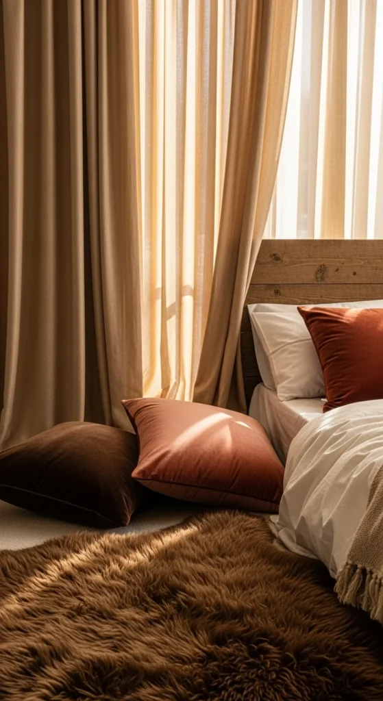 Textured bedroom with velvet pillows and faux fur rug