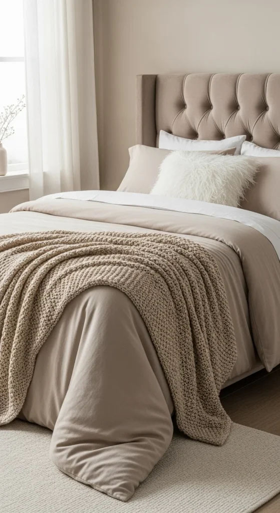 7 Beige Bedroom Ideas for a Cozy Retreat Textured beige bedroom with a velvet headboard and knit blanket