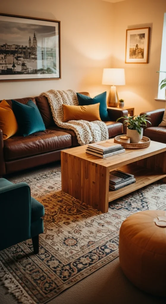 6 Essential Transitional Living Room Design Elements Textured decor with leather, knit, wood, and woven materials