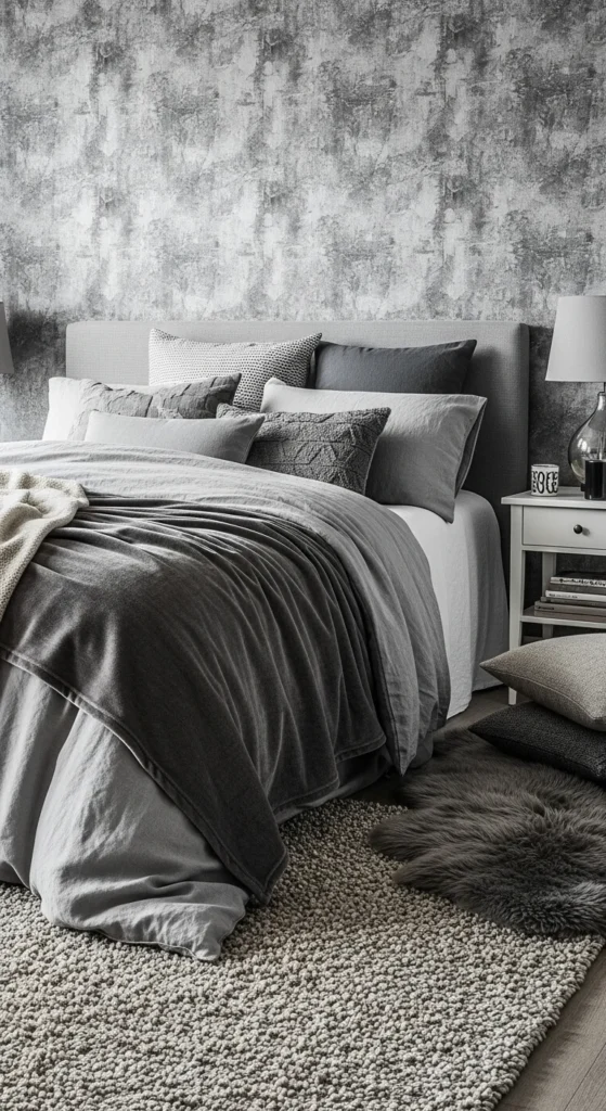 6 Stylish Ways To Glam Up A Grey Bedroom Textured grey bedroom with velvet, linen, and a shaggy rug