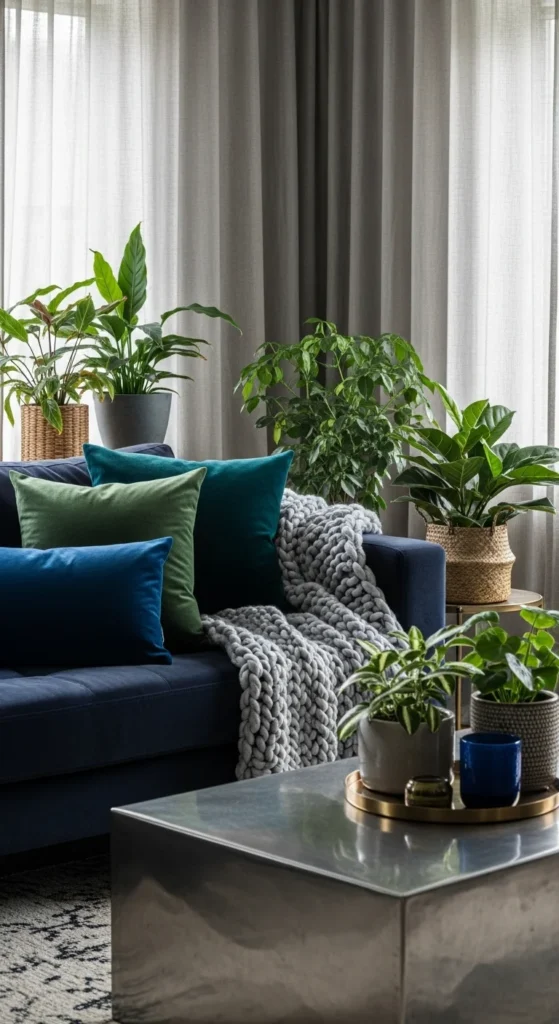8 Blue Couch Living Room Ideas for the Best Look Textured living room with blue couch and layered materials