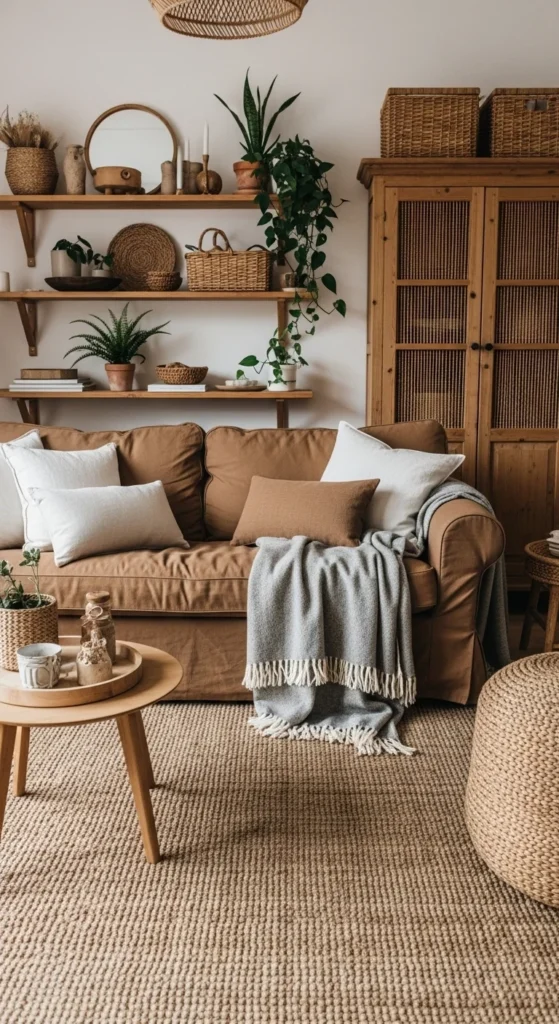8 Inspiring Earthy Living Room Ideas for a Calm Haven Textured living room with wool throws and jute rug