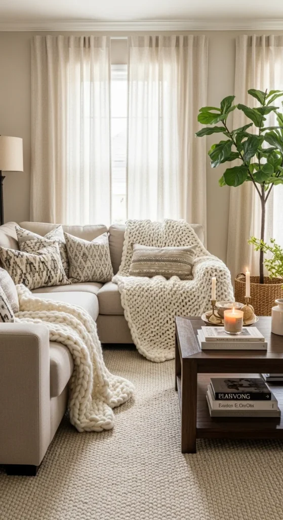 7 Cozy Sectional Living Room Ideas Textured throws and pillows layered on a beige sectional