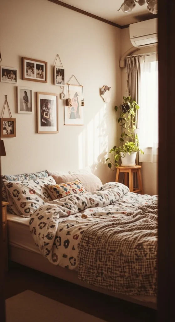 9 Tiny Bedroom Design Ideas to Maximize Space with Style Tiny bedroom personalized with art, plants, and photos