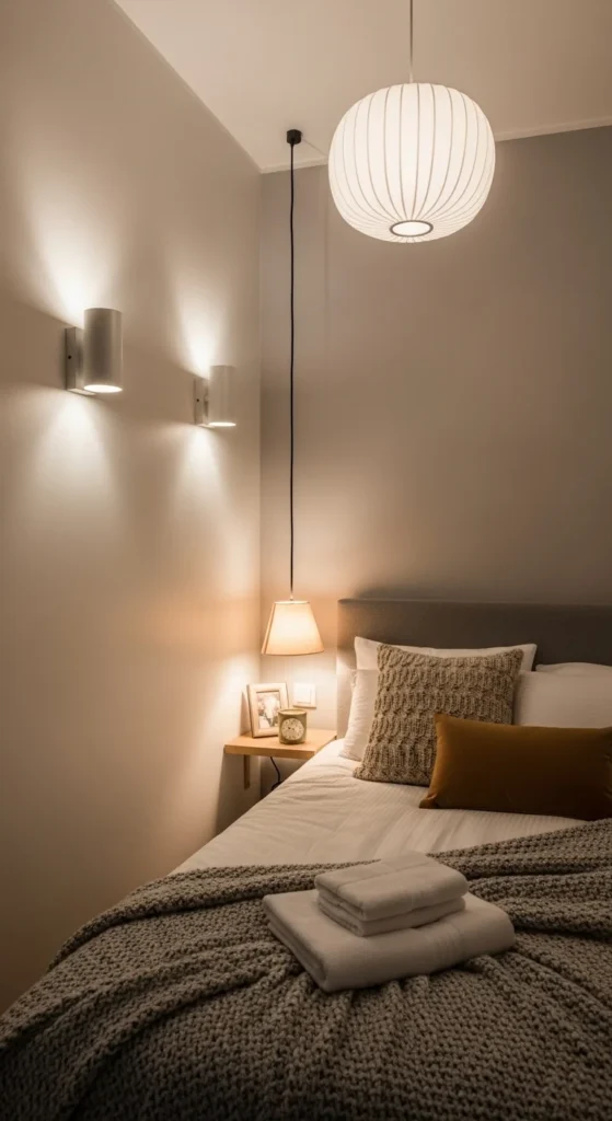 9 Tiny Bedroom Design Ideas to Maximize Space with Style Tiny bedroom with layered lighting for mood and space