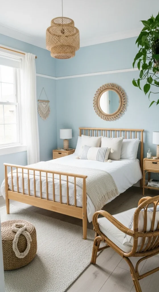 6 Awesome Bedroom Wall Colors for Tiny Rooms Tiny bedroom with pale blue walls and airy coastal decor