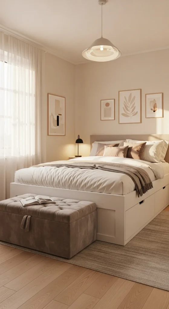 9 Tiny Bedroom Design Ideas to Maximize Space with Style Tiny bedroom with storage bed and space-saving ottoman
