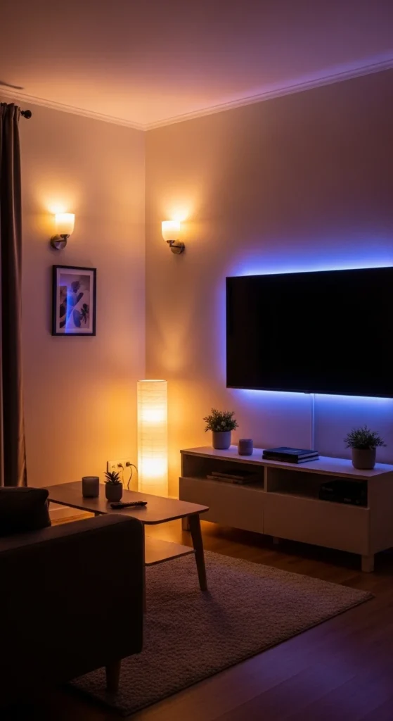 Tiny living room with ambient layered lighting and large TV