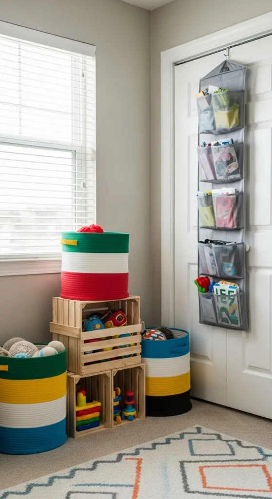 10 Toddler Girl Bedroom Ideas On A Budget To Love Toy storage with baskets and hanging organizers in a toddler room