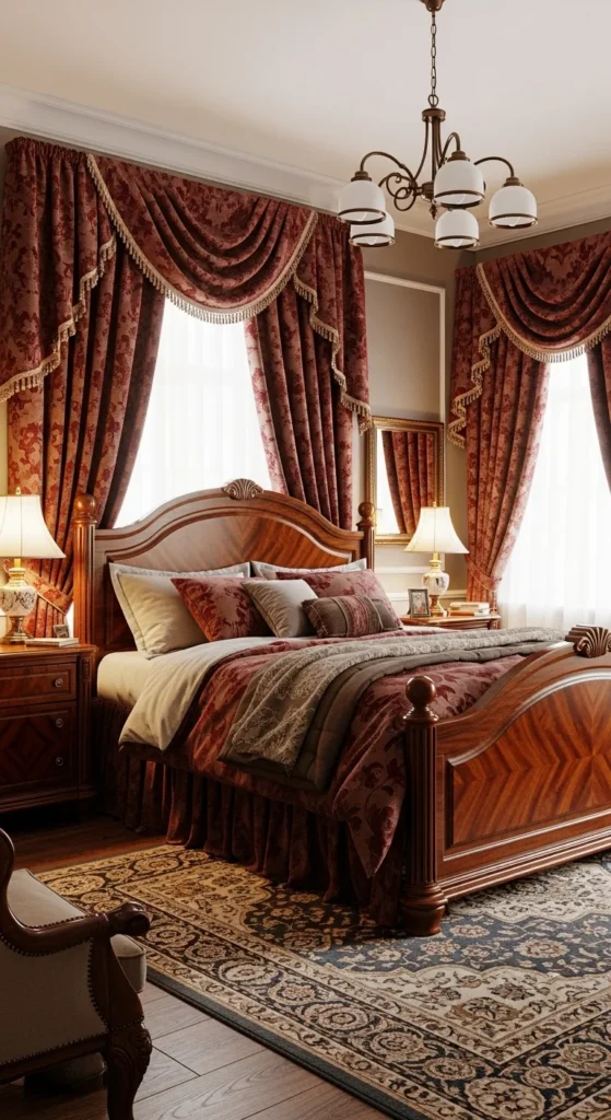 6 Earthy Bedrooms for Cozy Vibes Traditional bedroom with rich wood and deep earthy textiles