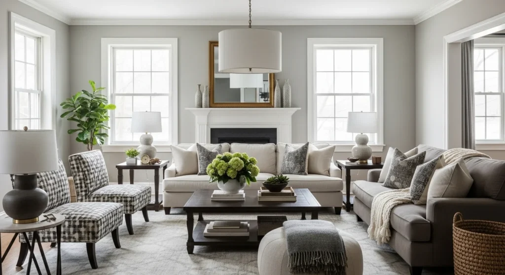 Transitional living room with neutral tones, stylish furniture, and warm lighting