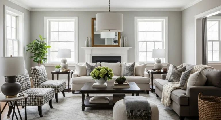 Transitional living room with neutral tones, stylish furniture, and warm lighting