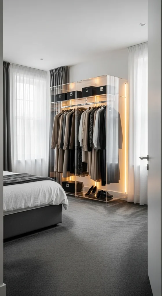 10 Stylish Bedroom Cupboards with Modern Appeal Transparent acrylic cupboard displaying organized clothes