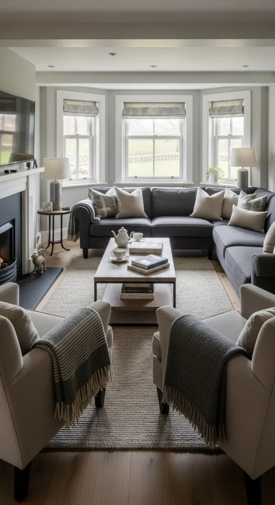 8 Moody Living Rooms That Feel Like a Cozy Retreat U-shaped cozy seating in a moody living room setting