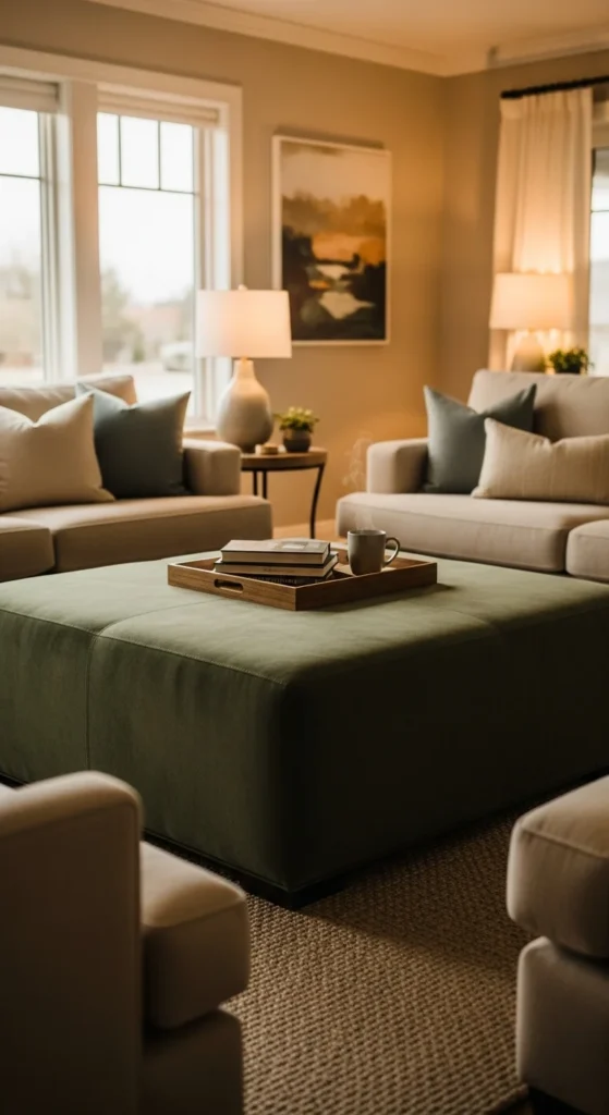 6 Living Room Table Ideas to Elevate Comfort & Functionality Upholstered ottoman table doubling as soft coffee table