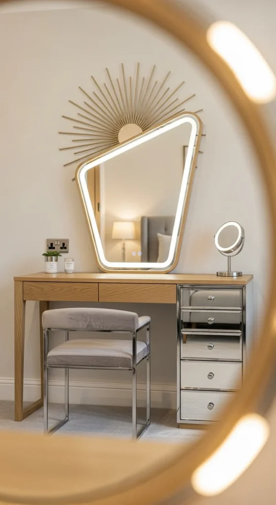 10 Bedroom Vanity Ideas You'll Want to Have Vanity with dramatic mirror and soft lighting
