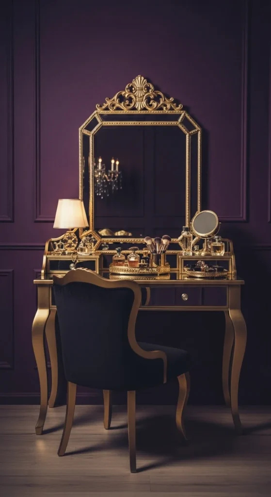 10 Bedroom Vanity Ideas You'll Want to Have Antique wood vanity with vintage mirror and perfume bottles