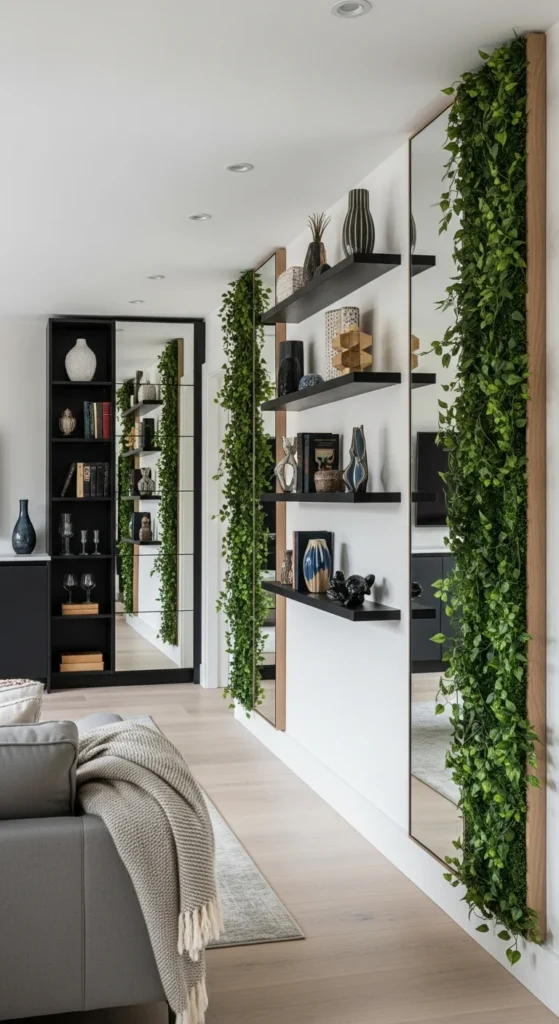 6 Long Narrow Living Room Layouts That Really Work Vertical shelves and wall decor in a narrow living room
